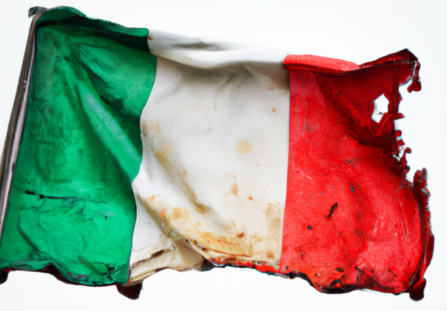 Una bandiera italiana stracciata e sporca, che sventola fiera.